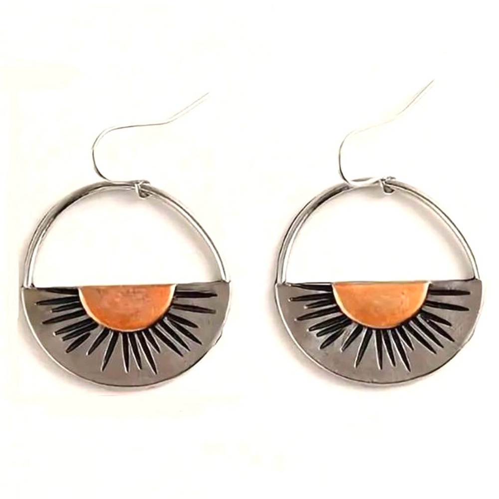 “Copper Sunrise” Tribal Ethnic Sunset Sunburst Sun Semicircle Celestial Earrings - Picture 3 of 6